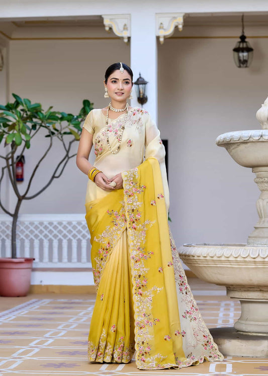 Ivory & Mustard Yellow Dual-Tone Embroidered Pure OrganzaSaree
