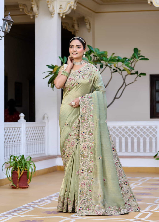 Elegant Sage Green Tissue Georgette Saree
