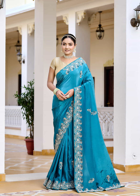 Elegant Teal Blue HO Silk Saree with Intricate Embroidery