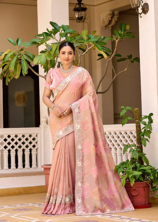 Elegant Pastel Pink Cosmos Zari Saree with Frill Border – Timeless Grace & Sophistication