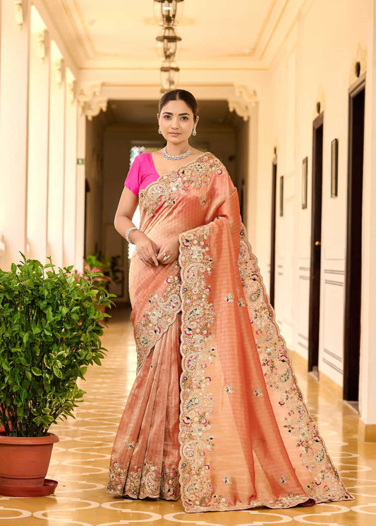 Elegant Peach Tissue Georgette Saree