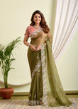 Elegant Olive Green Glass Tissue Saree – A Touch of Sheer Sophistication