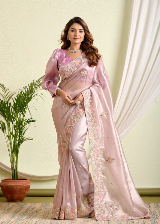 Blush Pink Tissue Silk Saree – A Symphony of Elegance & Embroidery