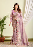Lavender Gold Tissue Saree – Sheer Radiance with Floral Grace