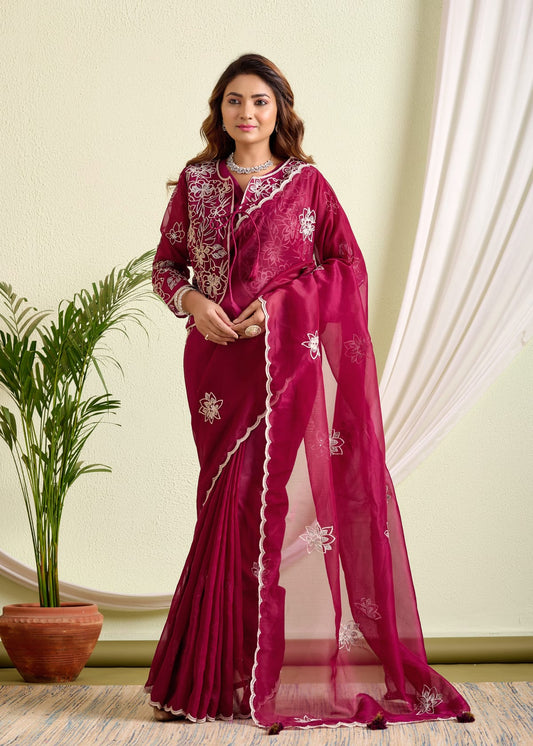 Wine Organza Saree – A Blend of Grace and Modern Elegance