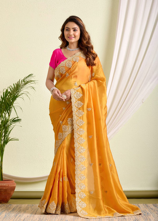 Mustard Yellow Organza Satin Saree with Intricate Embroidery – Radiate Regal Elegance