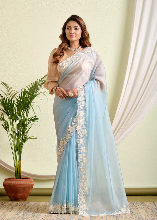 Glass Tissue Saree – A Symphony of Sheer Grace and Embroidery Elegance