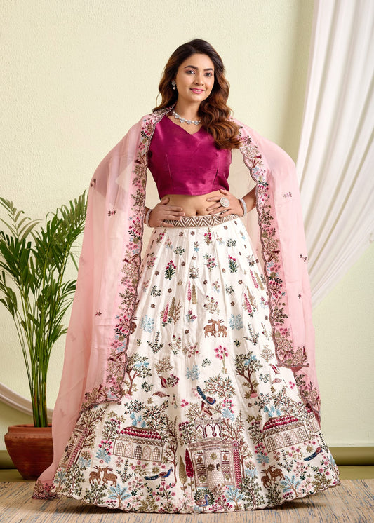 Whimsical Ivory & Pink Embroidered Lehenga Set – A Tale of Tradition & Elegance